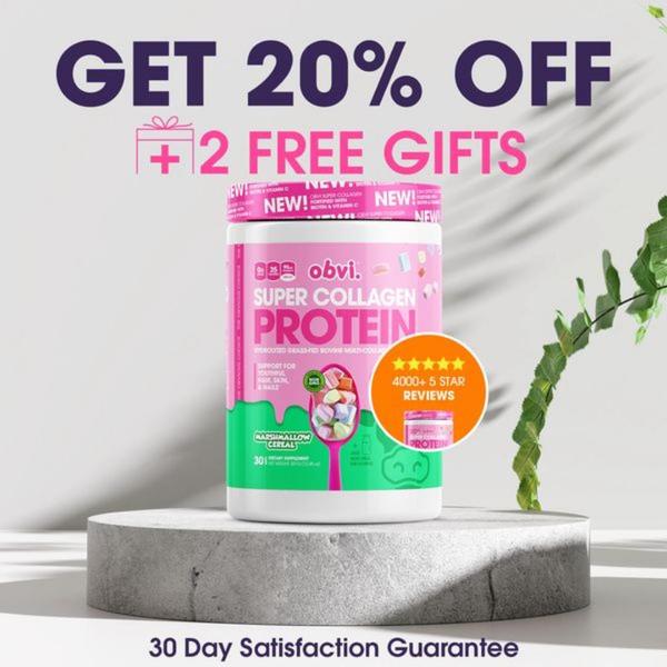 A high-contrast, product-focused image featuring an offer of 20% off and 2 free gifts for a collagen protein supplement.